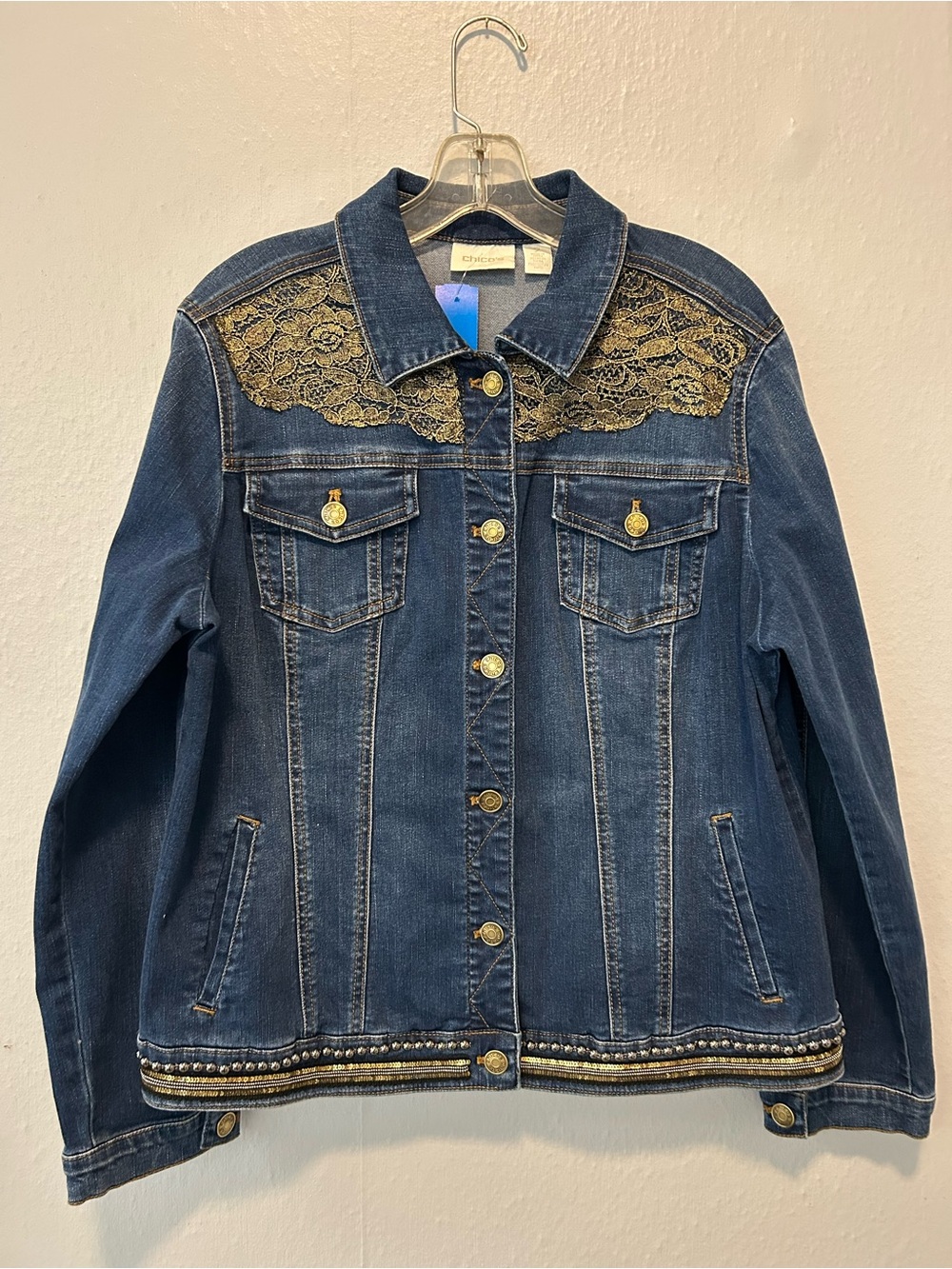 Chico's Dark Blue Denim Jacket with Gold Lace and Trim - Picture 7 of 7
